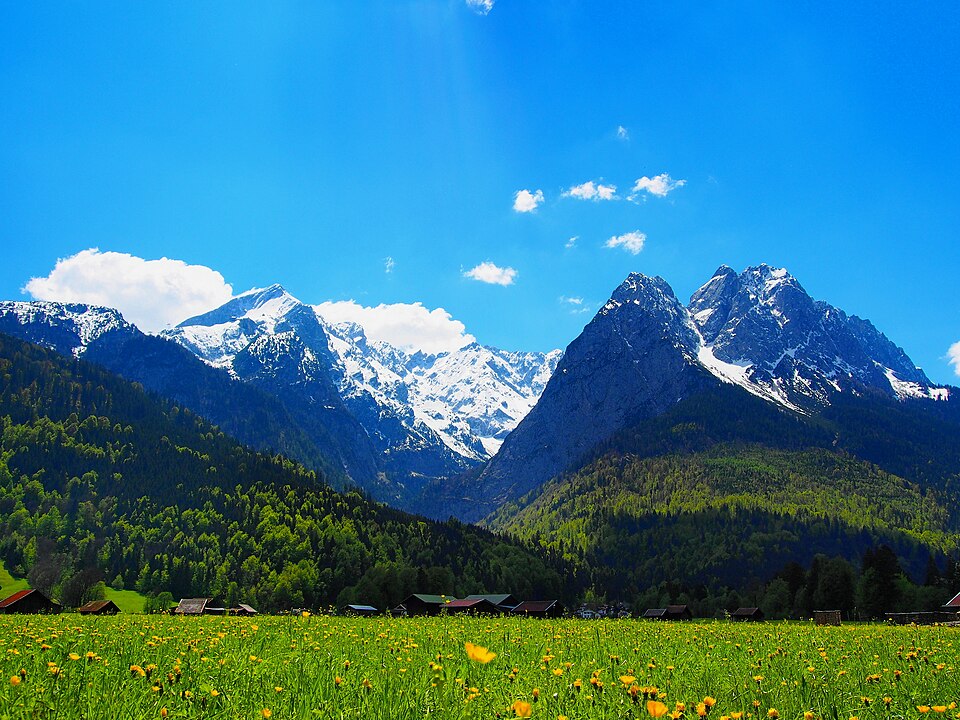 Snow-streaked peaks of the Zugspitze massif rising above green flowering meadows near Garmisch.